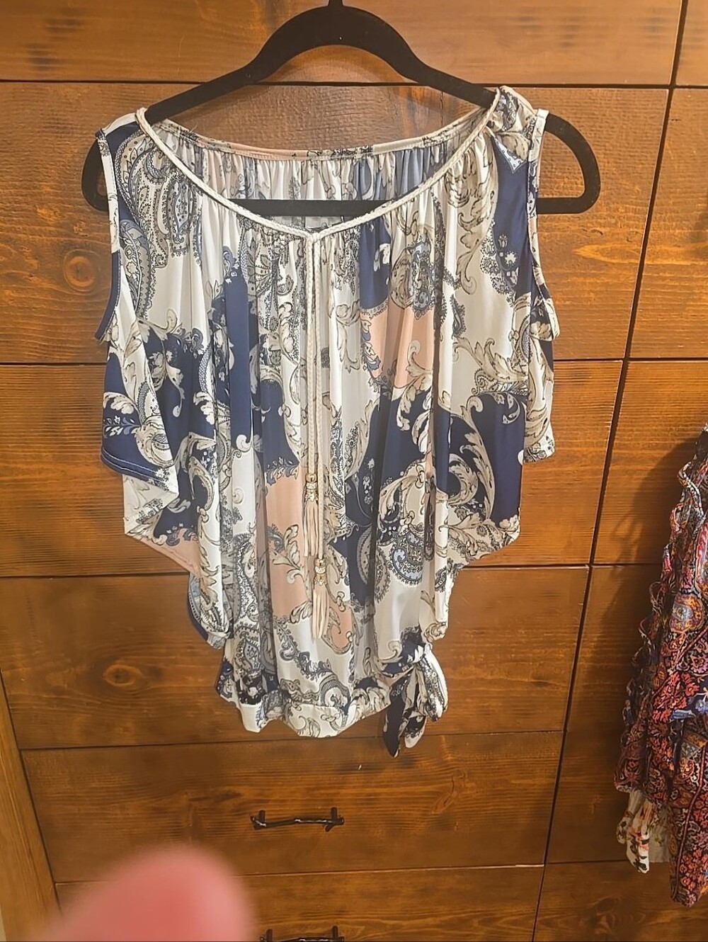 Boho Paisley Cold Shoulder Bell Sleeve Top CrownTassel Tie Sz ? Feels Like Large